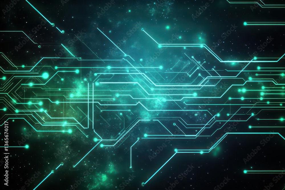 Poster futuristic circuit board with glowing green lights illuminating dark background creating an intrigui