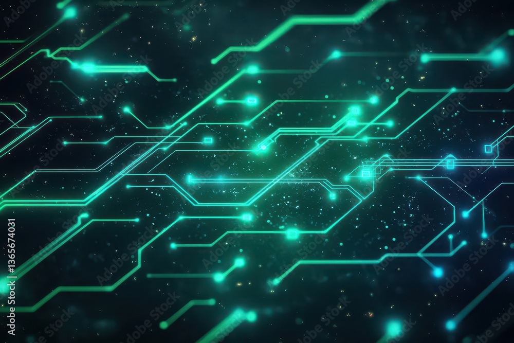 Poster enchanting scene with dark background illuminated by glowing green lines and twinkling stars creatin