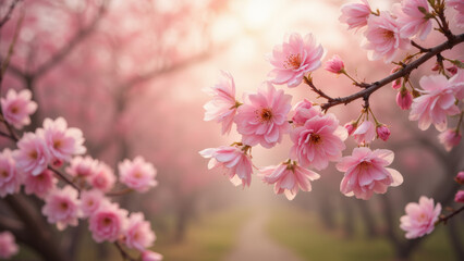 Fototapeta premium Cherry blossoms in full bloom create serene atmosphere, enhancing beauty of spring with delicate pink petals and soft light