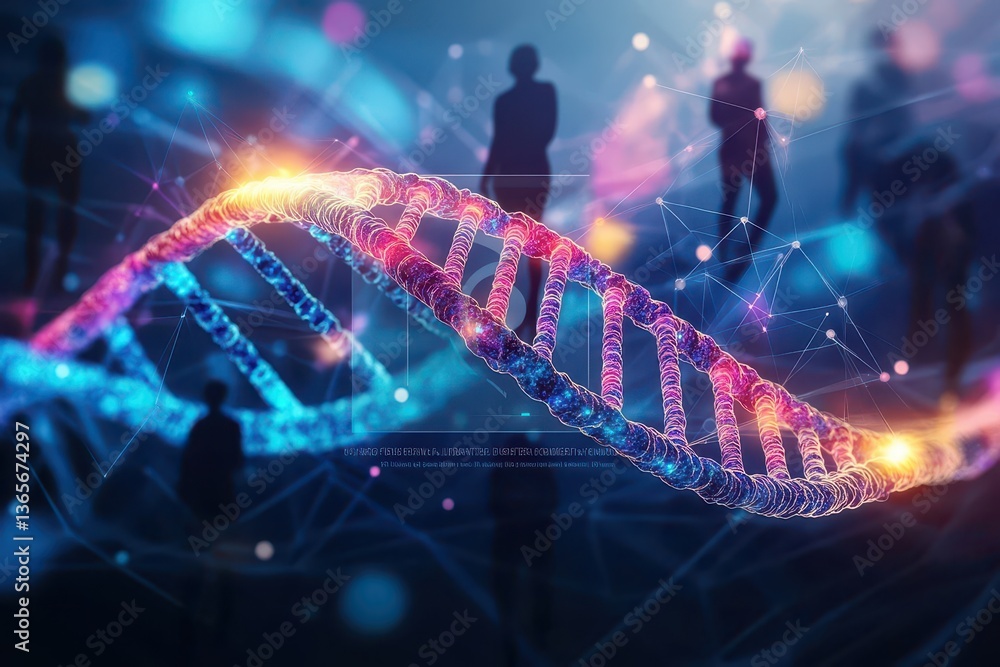 Poster intricate dna helix structure surrounded by diverse group of people engaged in thoughtful discussion