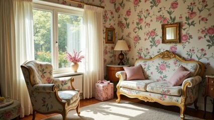Elegant vintage living room with floral patterns and antique furniture