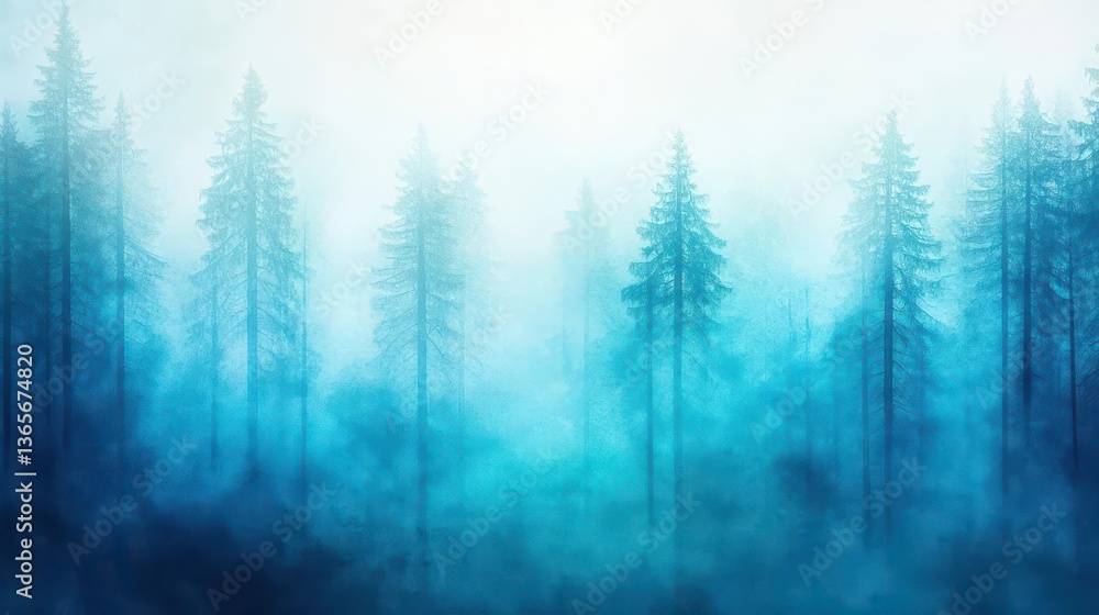 Poster mysterious forest enveloped in thick fog with towering trees creating an enigmatic and ethereal atmo