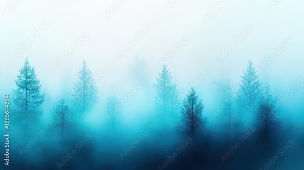 Poster mysterious fog enveloping a tranquil forest with tall trees creating an enigmatic atmosphere evoking