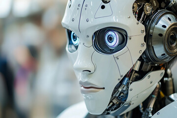 Fototapeta premium Close up of a white robot face with blue eyes and visible internal mechanics on the side of the head
