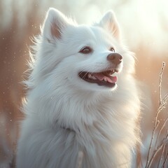 Fluffy white dog in peaceful outdoor setting.