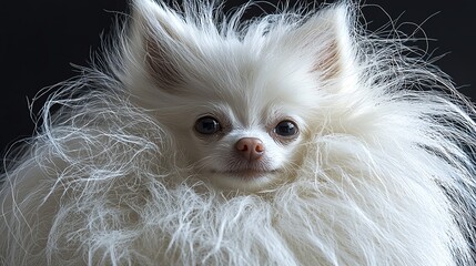 Fluffy white dog with expressive eyes.