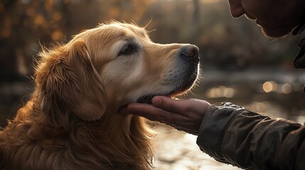 Gentle bond between man and dog by river