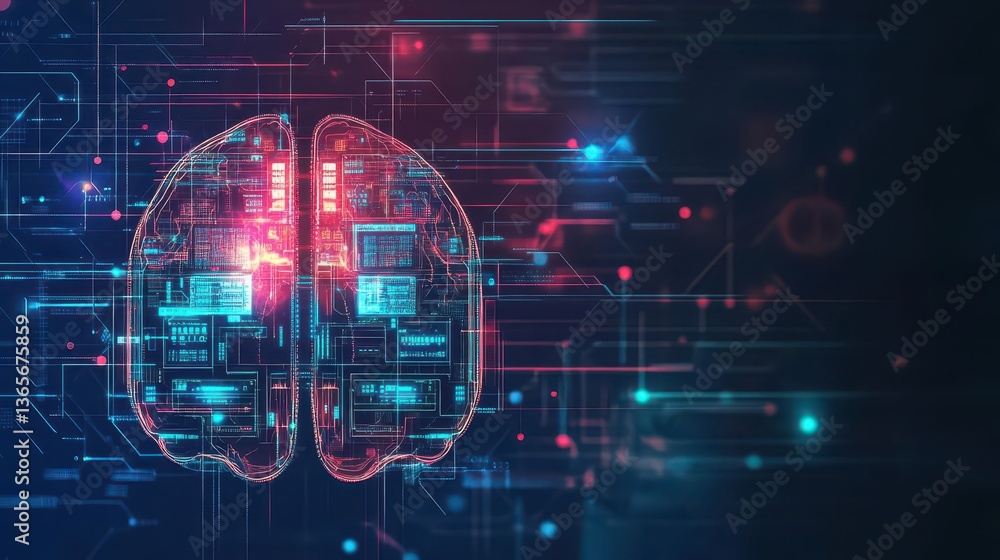 Poster intricate brain design with central circuit symbolizing the intersection of human intelligence and t