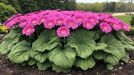 Pink gerbera daisies bloom in garden bed, golf course background, spring floral arrangement
