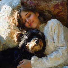 Girl napping with fluffy dog companion.