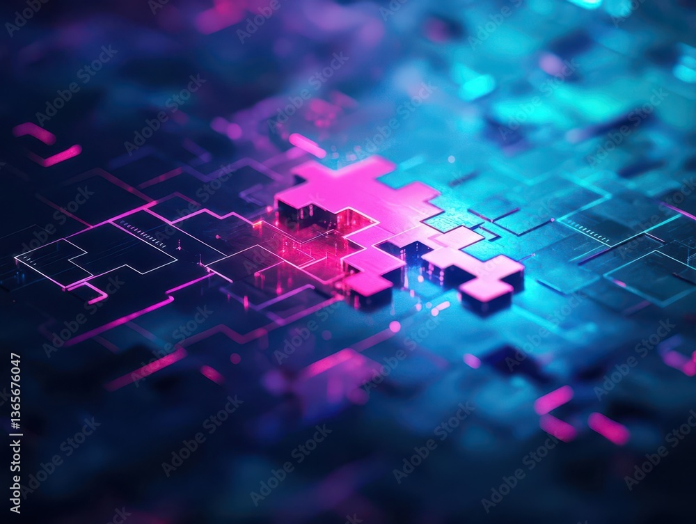 Poster futuristic abstract technology background featuring glowing squares and luminous patterns creating a