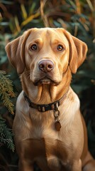 Golden dog sitting in lush greenery outdoors.