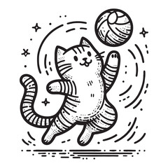 Hand-drawn illustration of a cheerful cat jumping and playing with a ball in a fun and dreamy environment.