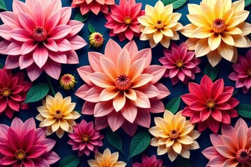 Intricate dahlia blooms, vibrant hues, repeating floral pattern , fabric, decoration, garden