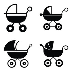 Baby Stroller Silhouettes: Minimalistic black silhouettes of baby strollers, depicting essential elements for parent and infant.