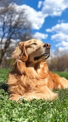 Golden retriever enjoying sunshine outdoors.
