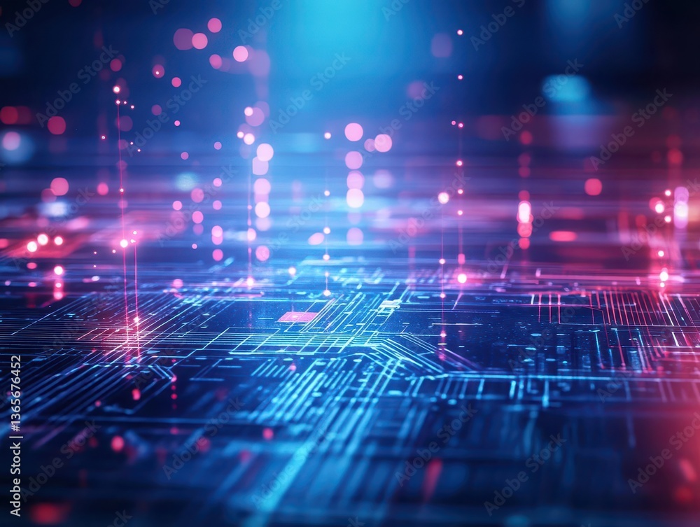 Poster vibrant circuit board illuminated by striking blue and red lights showcasing advanced technology and