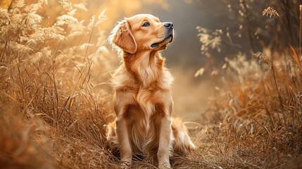 Golden retriever in autumn field gazing upwards.