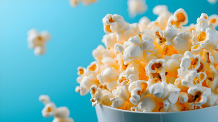 Buttery Popcorn Delight: A Closeup of Fluffy White Popcorn Scattered Against a Blue Background