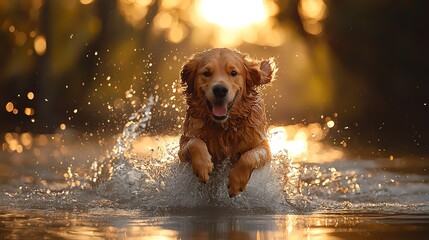 Golden retriever joyfully splashes in water.