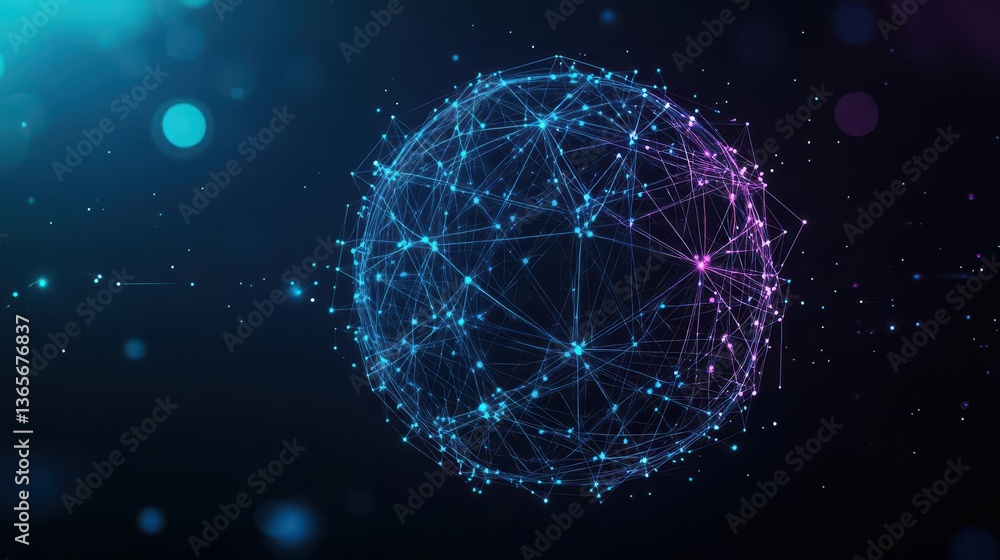 Poster intricate sphere composed of numerous interconnected lines and dots forming a complex network symbol