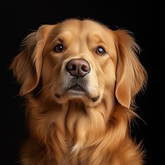Golden retriever portrait on black background.