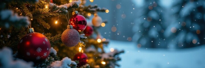 Sparkling Christmas tree with glittering ornaments and soft glowing lights amidst a blurred snowy background, Christmas Tree, , Shiny Ornaments