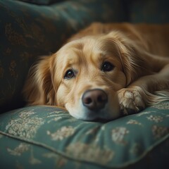 Golden retriever resting on a cozy couch.