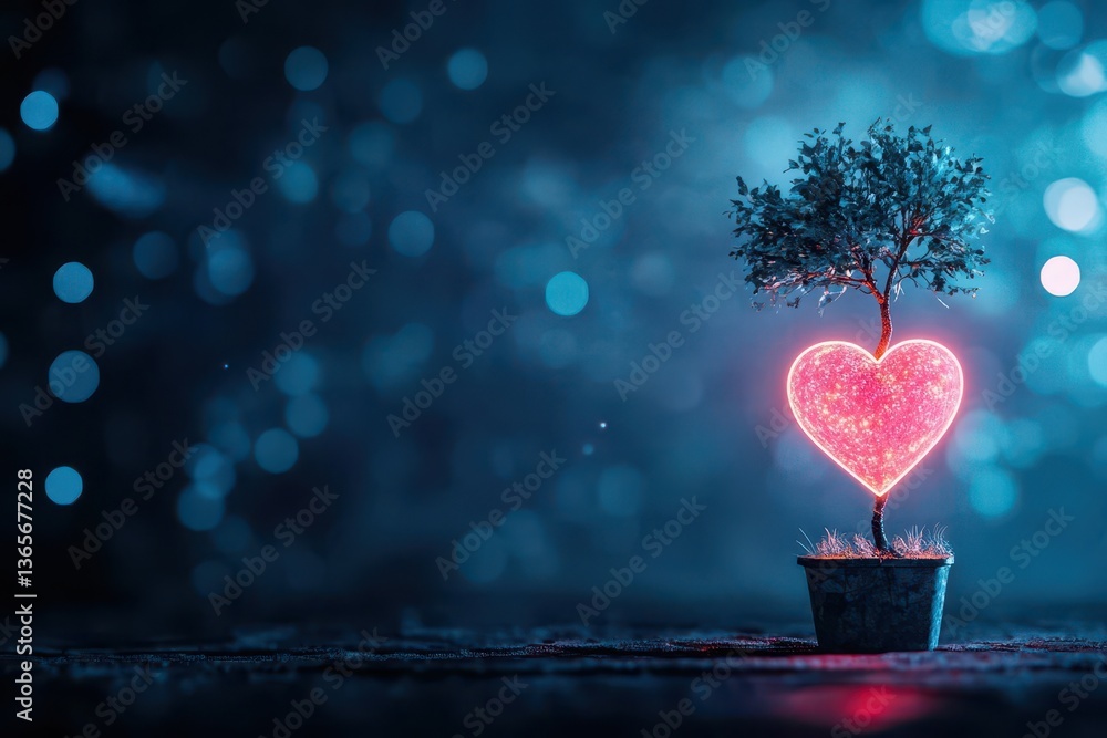 Poster charming indoor scene featuring a small potted tree illuminated by a heart shaped light creating a w