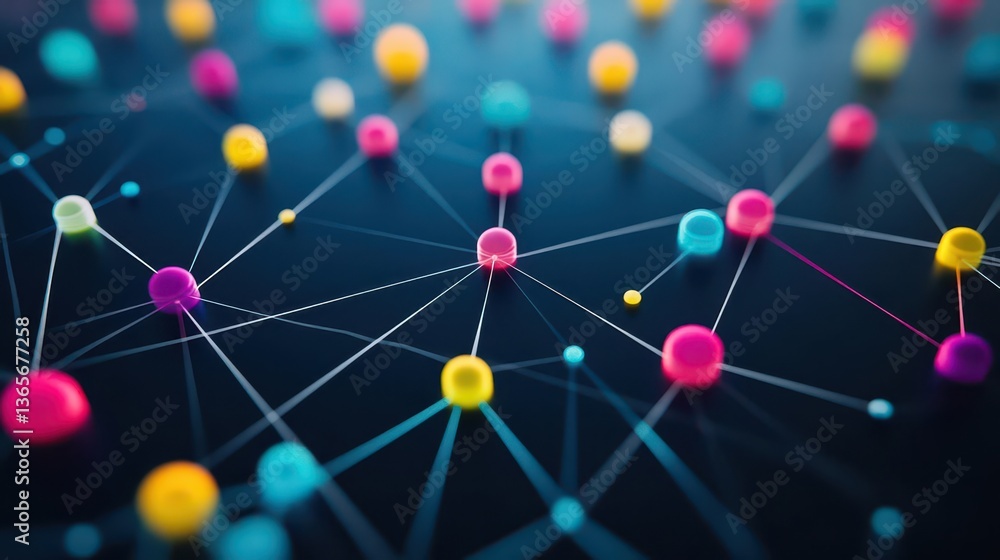 Poster vibrant network of colorful pins connected by thin threads creating a dynamic visual representation 