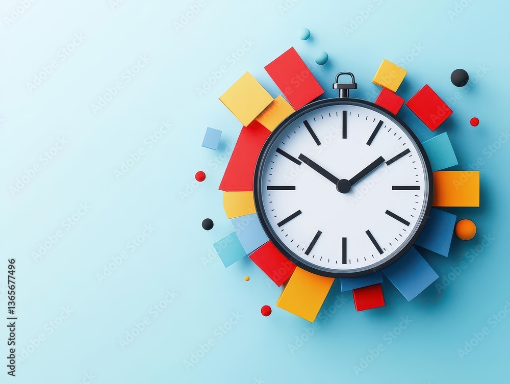 Poster colorful clock surrounded by vibrant paper pieces creating a whimsical and playful atmosphere ideal 