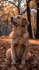 Golden retriever sits on autumn leaves.