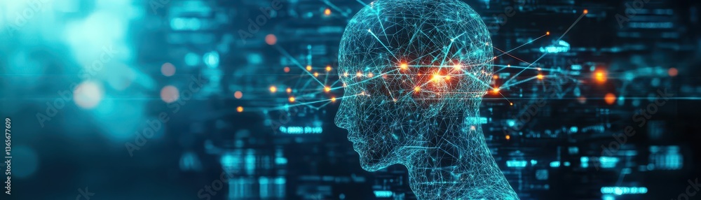 Poster a man's head surrounded by an intricate network of connected lines symbolizing thoughts ideas and co