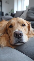 Golden retriever resting on a cozy sofa.