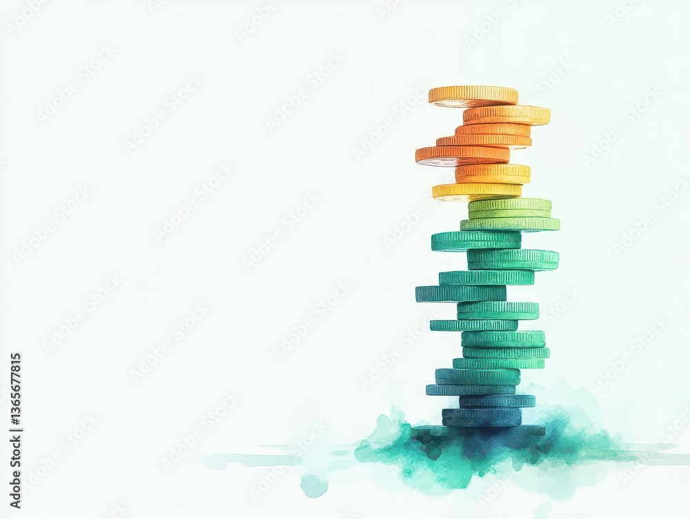 Poster close up of a diverse stack of coins showcasing various sizes and textures on a clean white backgrou