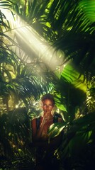 Girl in a dense jungle whispers a secret while surrounded by lush greenery and sunlight filtering through the leaves