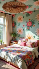 Cozy bedroom with floral wallpaper and colorful bedding in sunlit room