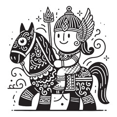 Smiling warrior on an ornate horse holding a spear, drawn in a decorative tribal art style.