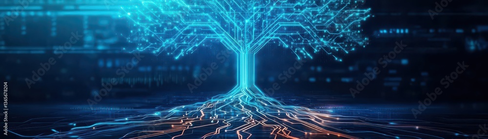 Poster enchanting tree adorned with glowing lights set against a futuristic circuit background creating a m