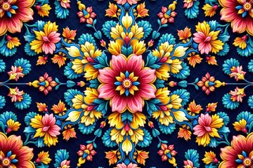 Intricate floral design, repeating motif in vibrant hues, nature, colorful