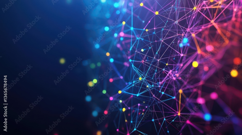 Poster vibrant and colorful abstract background featuring interconnected lines and dots creating a dynamic 