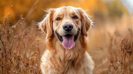 Happy dog in sunlit autumn field