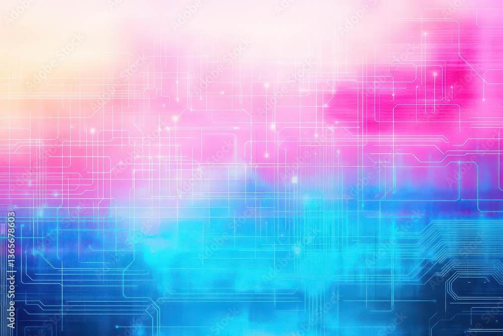 Poster vibrant blue and pink background featuring intricate circuit pattern evoking a futuristic and techno