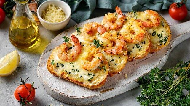 Delicious garlic shrimp toast served on a wooden board with fresh herbs and ingredients.