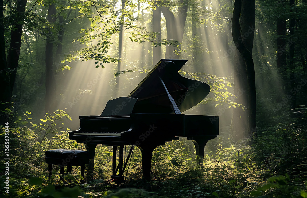 Aufkleber A grand piano and stool in a lush green forest with sun rays filtering through the trees creating a serene scene
