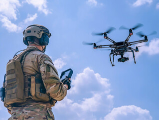 Fototapeta premium Soldier remotely controls a military drone in an expansive sky, demonstrating advanced reconnaissance capabilities and aerial surveillance technology