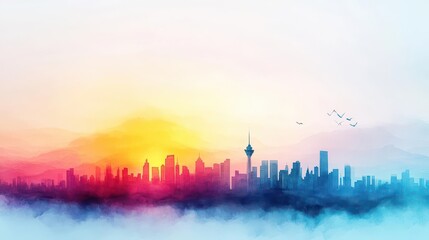 Fototapeta premium Majestic City Skyline at Dusk with a Soaring Bird Above Silhouetted Buildings Creating a Harmonious Blend of Urban Life and Natural Freedom