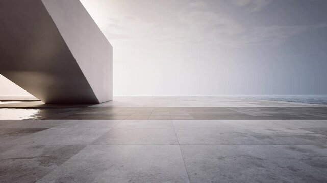Empty concrete floor terrace near water in pond. 3d rendering of abstract gray building with sea and clear sky background.