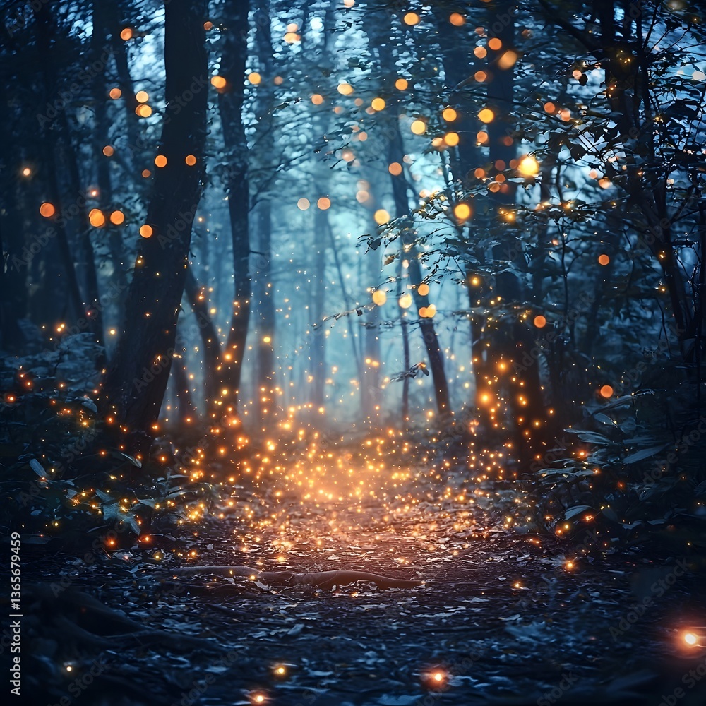 Poster enchanted forest path illuminated by glowing orbs, surrounded by trees and mist, evoking magic