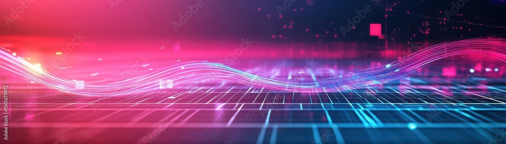 Poster vibrant neon wave of colorful light cascading over dark background creating an energetic and dynamic